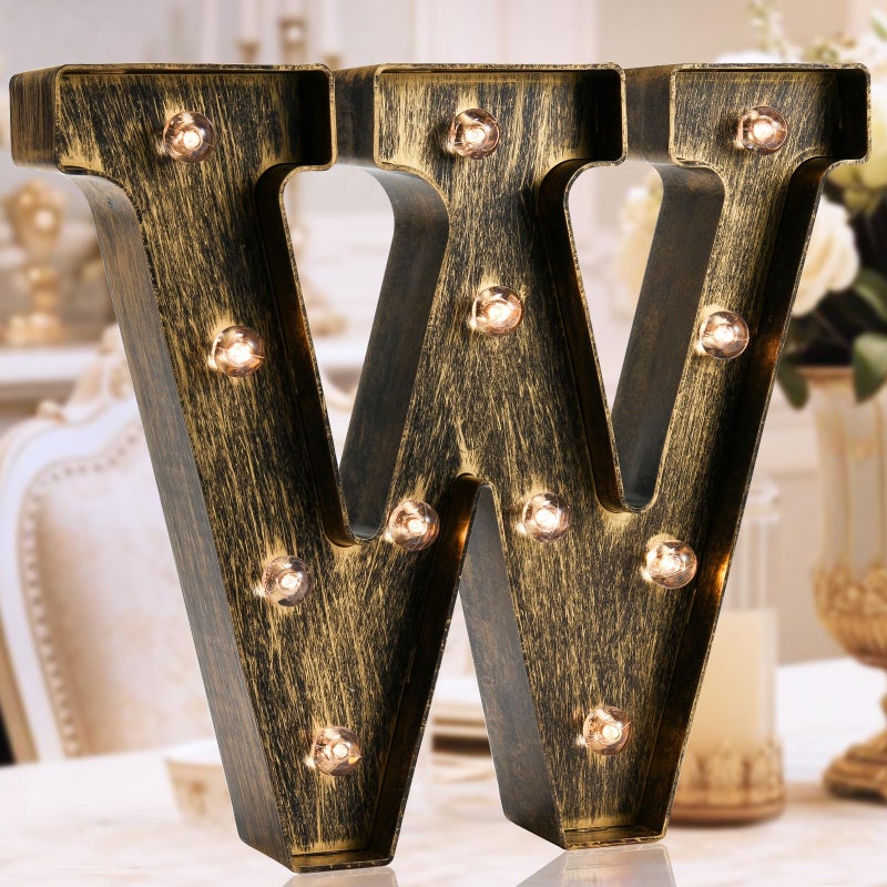 OYCBUZO Golden Black Led Marquee Letter - Industrial, Vintage Style Light Up Alphabet Letter Sign for Cafe Wedding Birthday Party Christmas Lamp Home Bar Initials Decor - W - Image 1